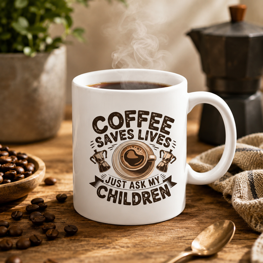Coffee Saves Lives Mug – Funny Mom Coffee Mug, Sleep Deprived Parent Gift, Coffee Lover Cup, Mom Humor Mug, Gift for Parents  11oz