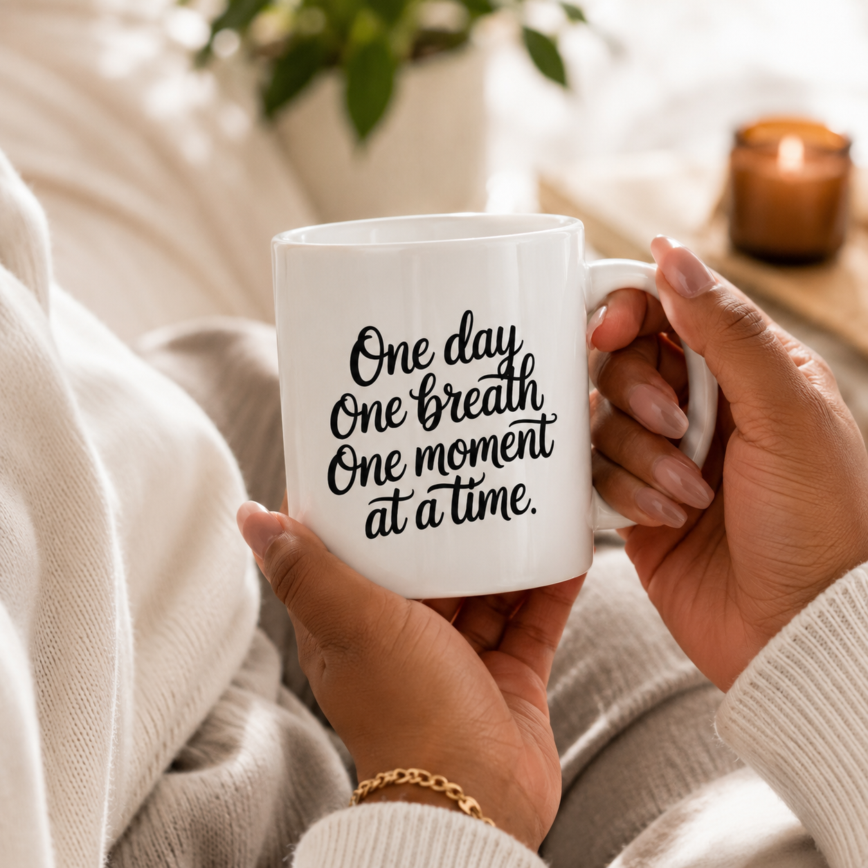 One Day One Breath One Moment Mug – Encouraging Quote Coffee Mug, Motivational Gift, Self Care Reminder, Inspirational Ceramic Mug, 11oz