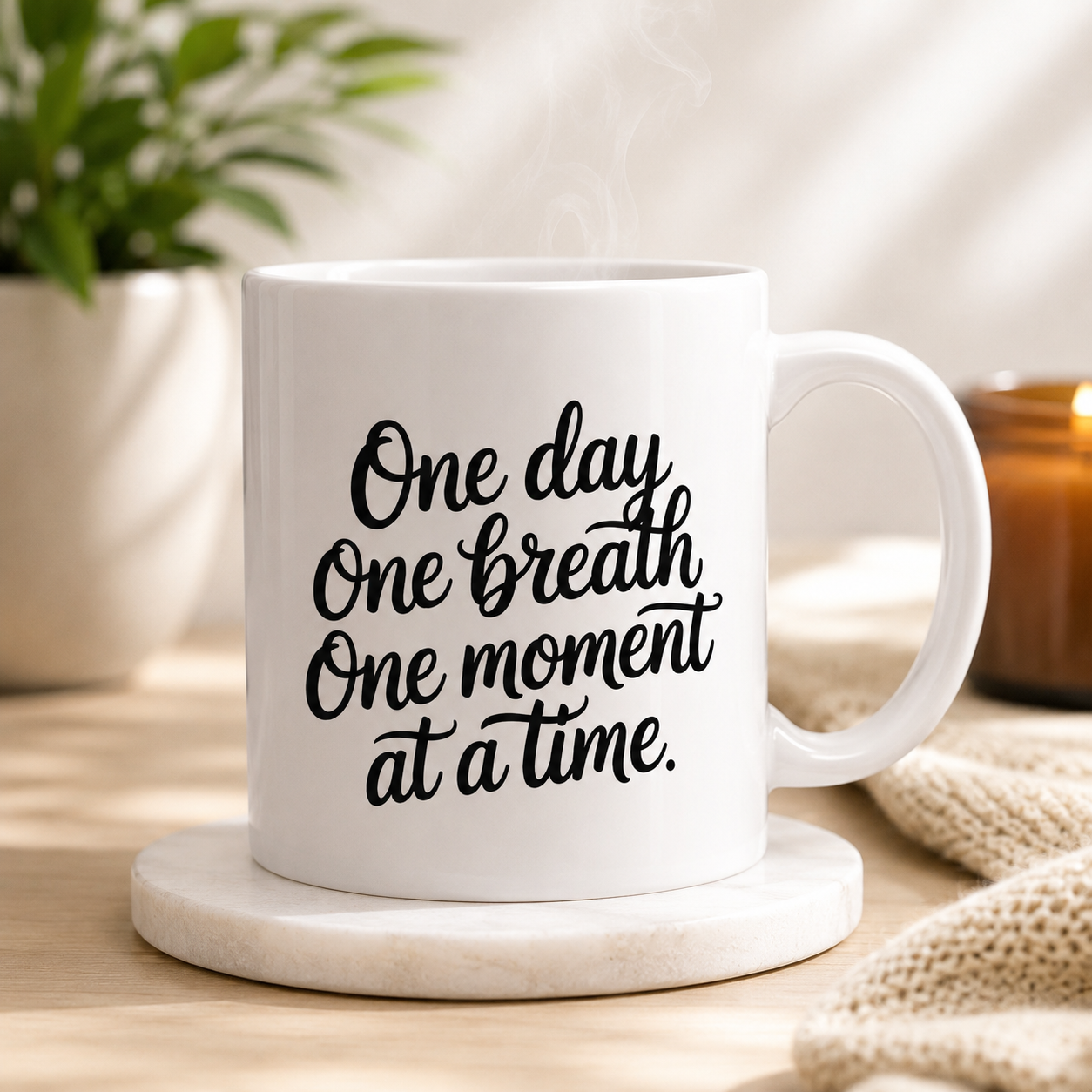 One Day One Breath One Moment Mug – Encouraging Quote Coffee Mug, Motivational Gift, Self Care Reminder, Inspirational Ceramic Mug, 11oz